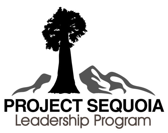 Sequoia tree with a mountain behind and the text "Project Sequoia Leadership Program"