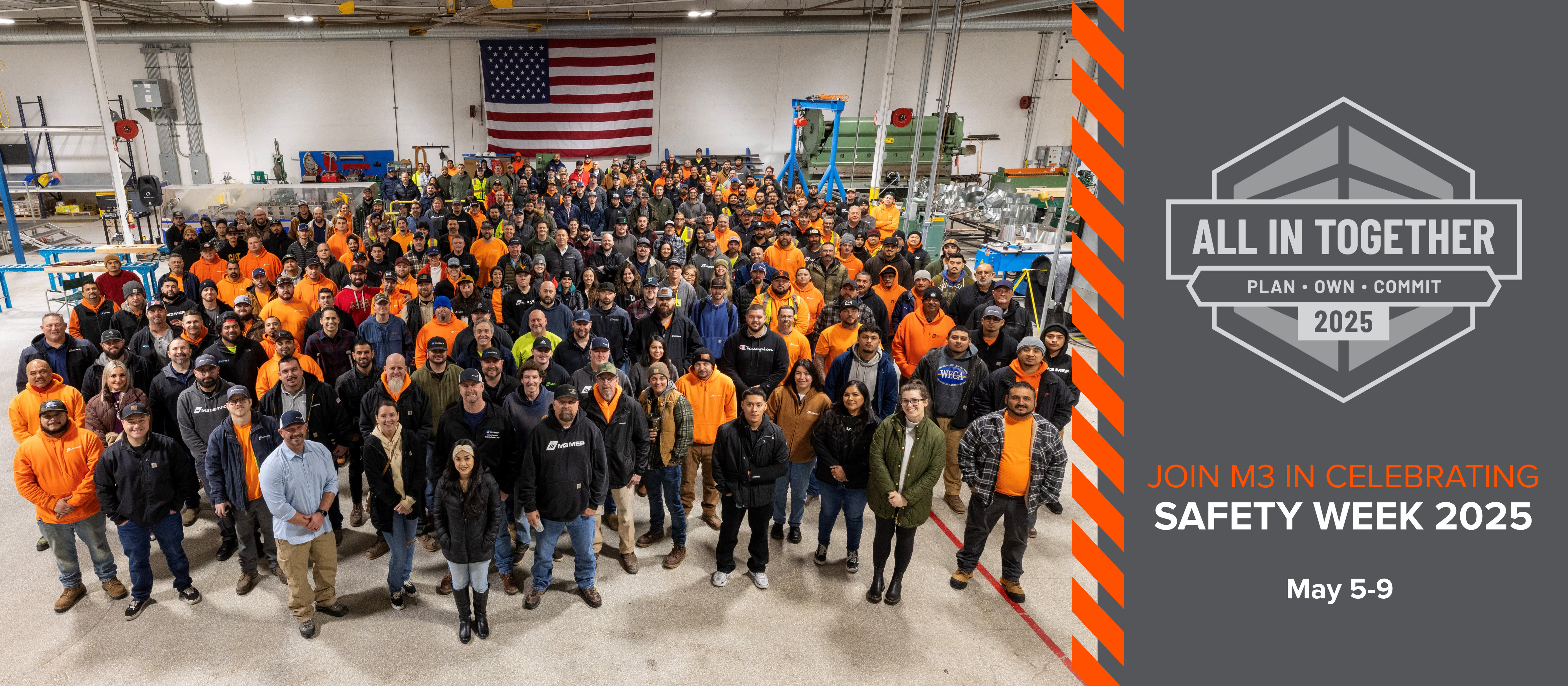 Industrial team gathers in high-visibility gear, united under ‘ALL IN TOGETHER 2025’ for commitment and success.