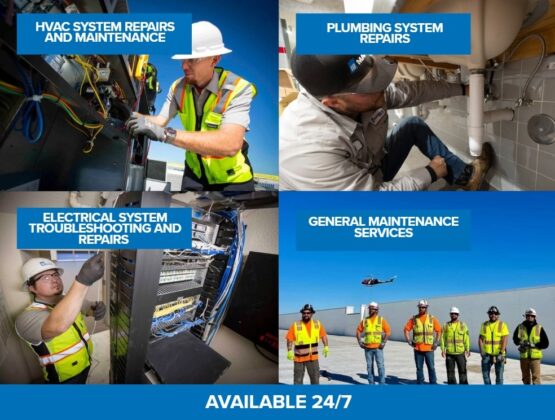 Technicians performing HVAC, plumbing, electrical, and general maintenance services; available 24/7 for urgent repairs.